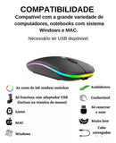 Mouse Sem Fio LED Preto – Bluetooth, USB, Bateria Longa